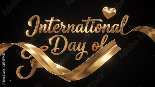 International Day of Friendship Elegant Golden Text with Hearts and Ribbon Animation