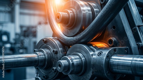 Close-up of an industrial machine used for bending metal pipes and metal plates.