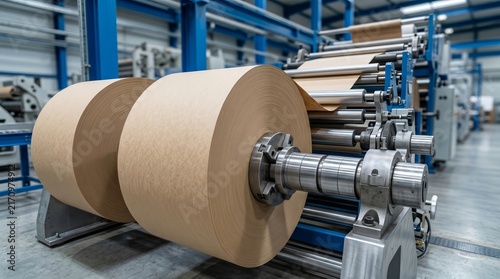Large rolls of recycled paper on a high-speed printing and packaging machine.