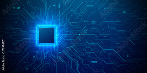 Artificial intelligence chip on blue digital circuit board background for future technology concept. 