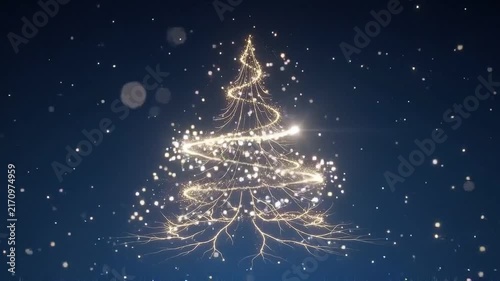 Merry Christmas and Happy New Year Glowing Particle Tree Animation on Blue Canvas