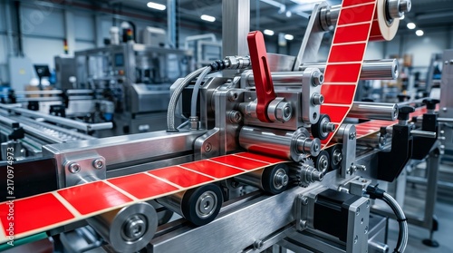 Automatic sticking labeling machine fragment on a production line.