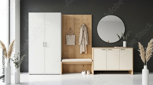 Minimalist entryway design with wooden hanger, white cabinets, and round mirror.