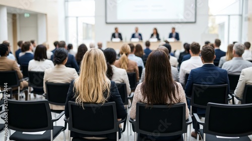 A group of people sitting and listening during a corporate seminar or conference.