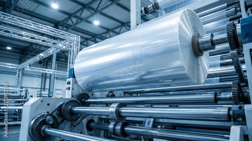 Close-up view of a large roll on an automatic plastic bag production machine.