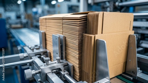 Industrial machine cuts cardboard boxes from sheets in a packaging enterprise.