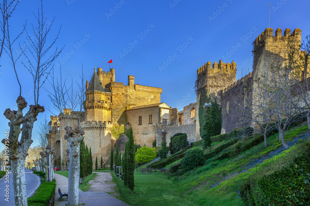 Obraz premium Royal Palace of Olite, Spain, view from Paseo de Dona Leonor gardens. Gothic castle walls with medieval towers and green park