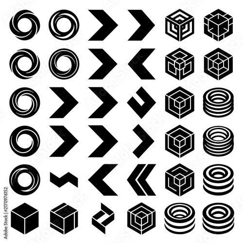Solid black abstract geometric circles arrows cubes and rings set with abstract