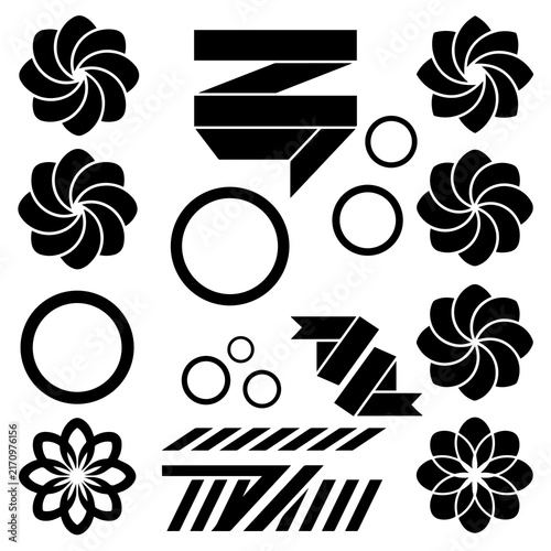 Collection of black floral flower icons and ribbon banners on white background