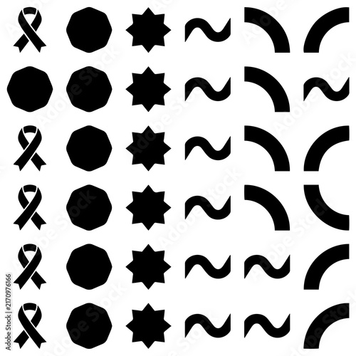 Grid pattern of black graphic shapes including ribbons polygons and curved lines