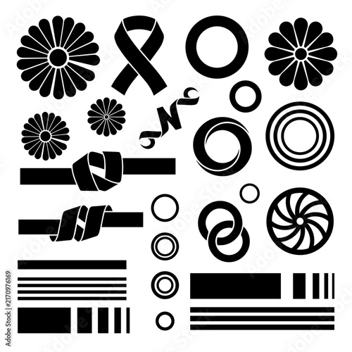 Assorted black graphic design elements including ribbons flowers and geometric