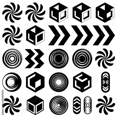 Set of abstract black and white geometric shapes and vector symbols