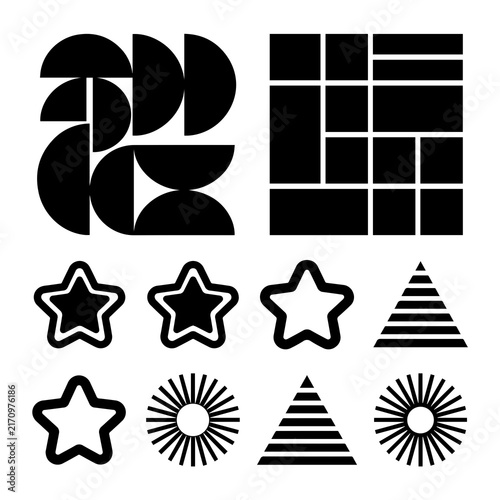 Set of abstract black geometric vector shapes and modernist grid patterns