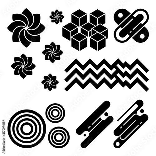 Collection of black abstract geometric shapes and symbols on white background