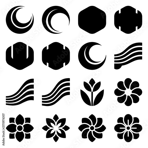 Set of black vector graphic icons including moon crescents