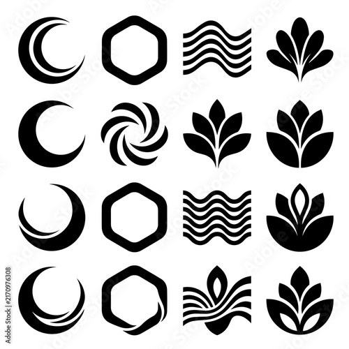 Set of black crescent moons hexagons waves and leaf symbols with crescent moon