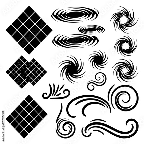 Vector set of black grid patterns, vortex swirls and decorative wave curl