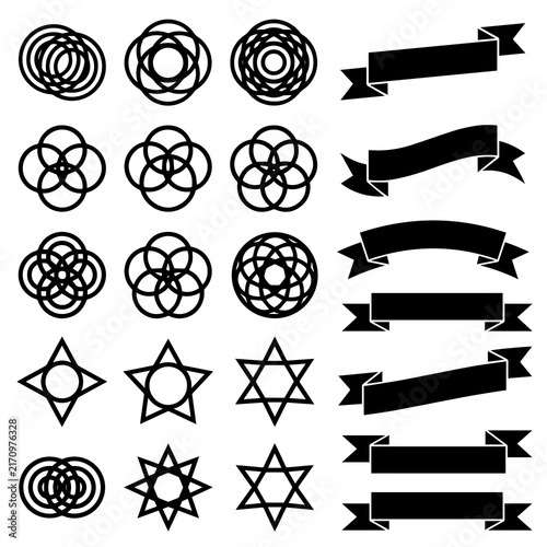 Collection of black vector geometric shapes, stars and ribbon banners
