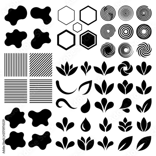 Set of abstract blobs hexagons spiral targets leaf silhouettes and line