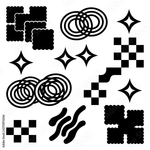 Abstract retro black and white vector graphics set with stars and squiggles