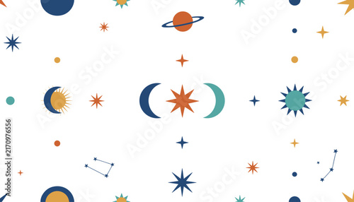 Seamless celestial pattern featuring planets, crescent moons, and stars on white background, perfect for baby nurseries.