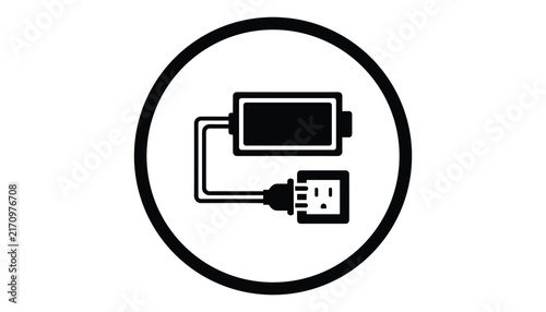 Battery charger icon with a plug and electrical outlet enclosed in a circular border, representing power source and charging process.