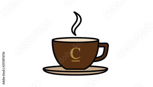 Coffee cup vector illustration with a letter C monogram logo on a saucer, featuring rising steam on a clean white background.
