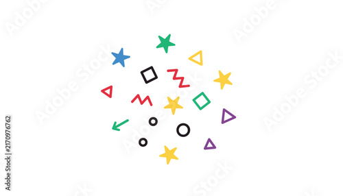 Colorful abstract geometric shapes scattered randomly on a white background, including stars, triangles, circles, and squiggles.