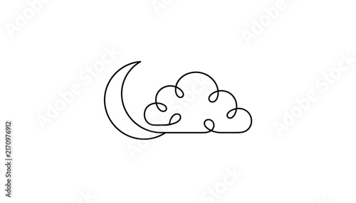 Continuous one line drawing of a crescent moon and a cloud, representing night sky, dreams, weather, and sleep in a minimalist style.