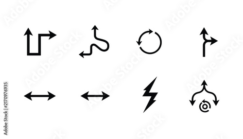 Diversified arrow vector icons featuring different path styles, double heads, lightning bolts, and circular loops for direction signages.