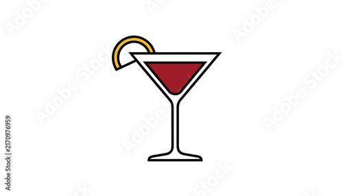 Martini cocktail glass filled with dark red beverage and garnished with an orange slice, vector icon isolated on a white background.