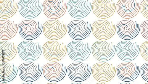 Hypnotic seamless pattern of colorful spiral swirls made of dashed lines, creating an abstract background texture with retro vibes.