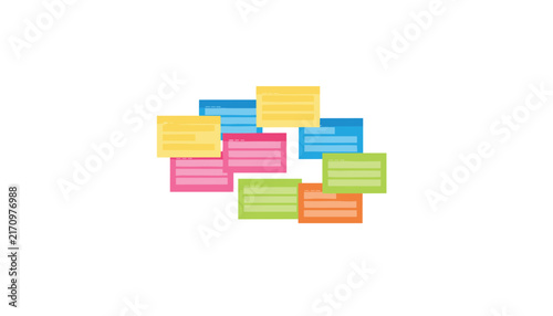 Colorful group of layered sticky notes or blank browser windows in a collage, representing organization, task tracking, and digital workspaces.