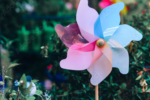 Colorful pinwheel spins in garden on a sunny day with green plants