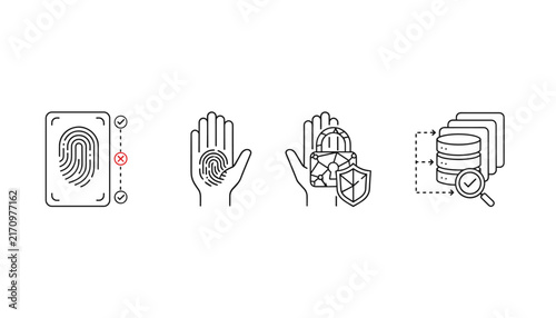 Biometric security and data protection icons showing fingerprint scanning, locked access, hand scanners, and database search verification.