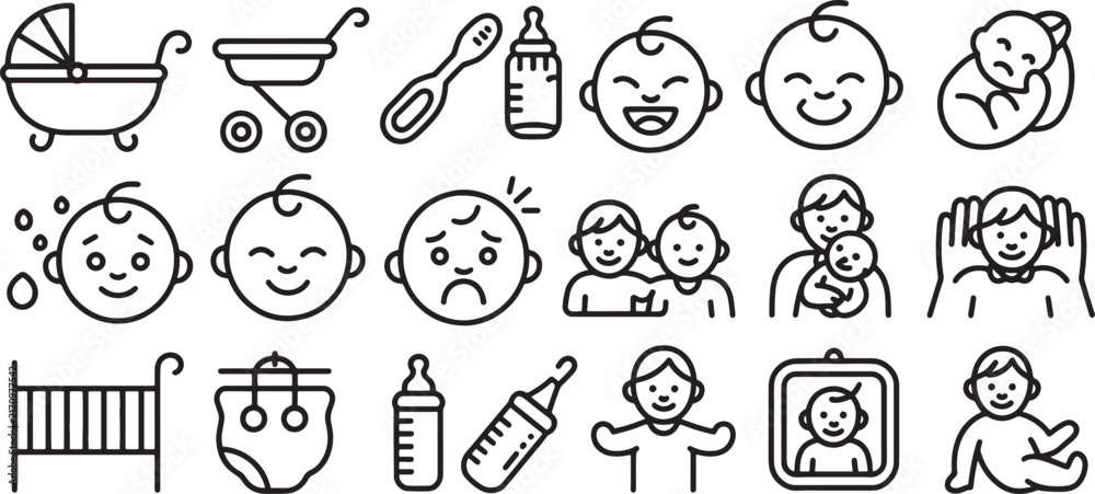 Fototapeta premium Baby Icons Set with Stroller, Crib, Bottle, and Smiling Faces. Line Art Illustration for Parenting, Childcare