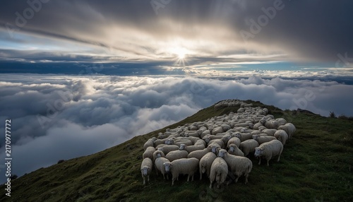 Dramatic Sunrays Illuminate Flock of Mountain Sheep