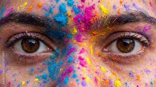 Close up of human eyes covered in vibrant colorful powder paint for Holi festival celebration