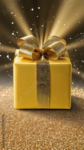 Luxury gold gift box opening with glowing light and sparkling particles, elegant present animation for Christmas, birthday, celebration, surprise and holiday concepts