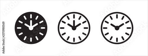 Clock icon set with black and white minimalist circle designs for time management and schedule apps.
