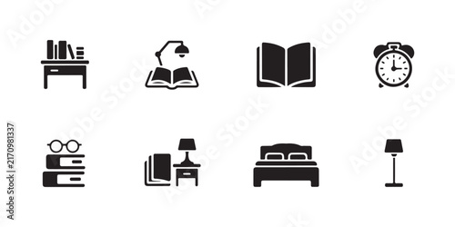 Home interior furniture and study room icons featuring library books desk lamp bed sleep comfort.