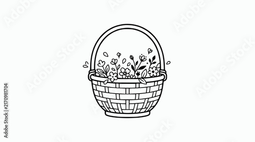 Hand-drawn Wicker Basket with Delicate Flowers, Simple Outline Illustration