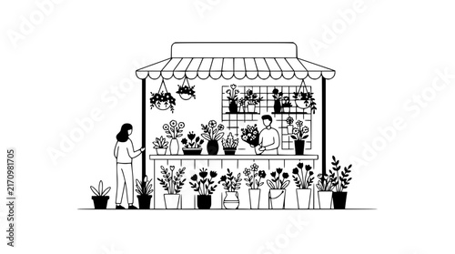 Florist Shop Illustration: Customer and Seller with Flowers