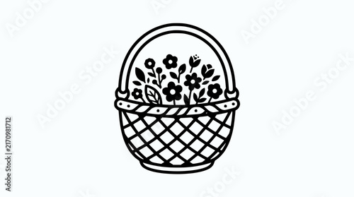 Hand-drawn illustration of a woven basket filled with delicate flowers and leaves, black outline on white.