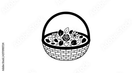 Hand-drawn floral basket icon, simple line art illustration of flowers and leaves in a woven basket.