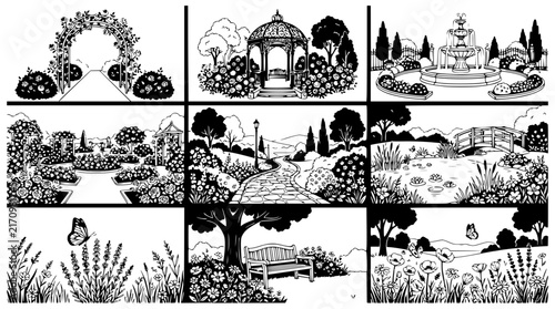 Whimsical Garden Scenes Collection: Archway, Gazebo, Fountain, Bridge, Bench, Butterflies
