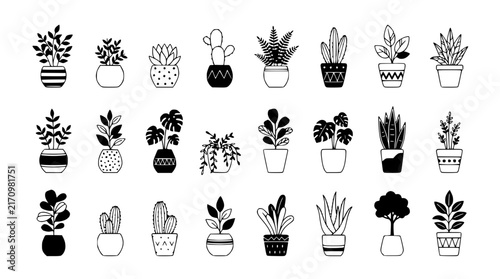 Collection of Hand-Drawn Potted Houseplants and Cacti, Black and White Line Art