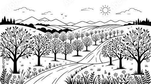 Black and White Orchard Landscape with Flowering Trees, Hills, and Sun