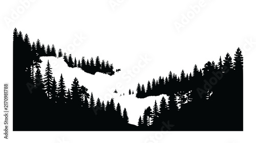 Black silhouette of a dense pine forest landscape against a white background