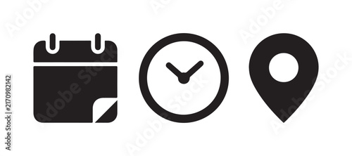 Event management black calendar clock and location pointer flat icons for organizing schedules.